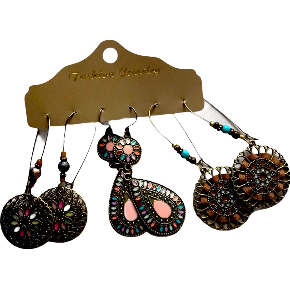 Boho Style Bronze, Coral/Turquoise Earrings (3 pr) NEW